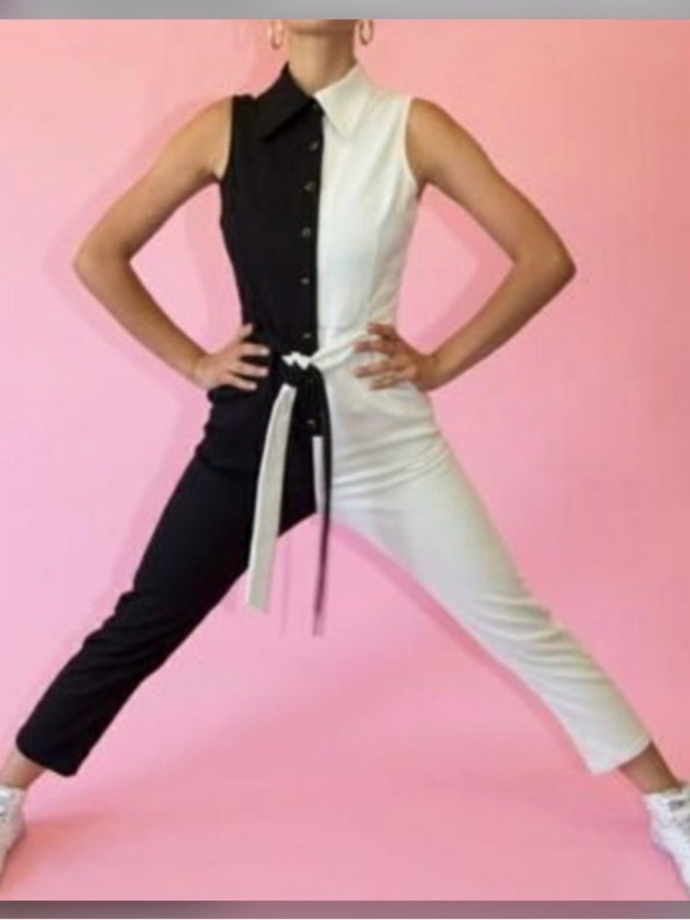 Fashion Brand Company Two-Tone Sleeveless Jumpsuit Black & White Size XS